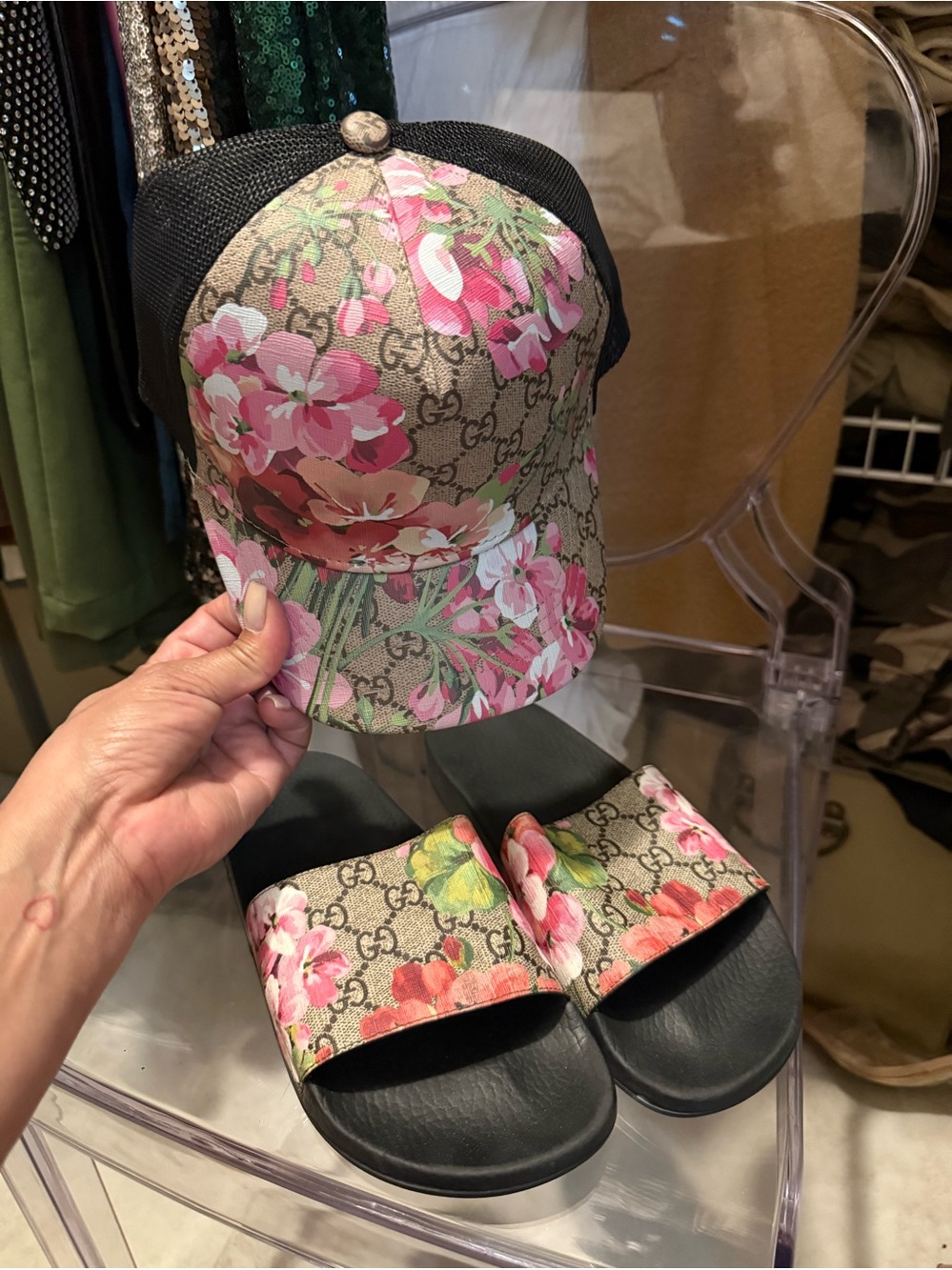 Floral GG Canvas Baseball Cap Pink, Green & Coral